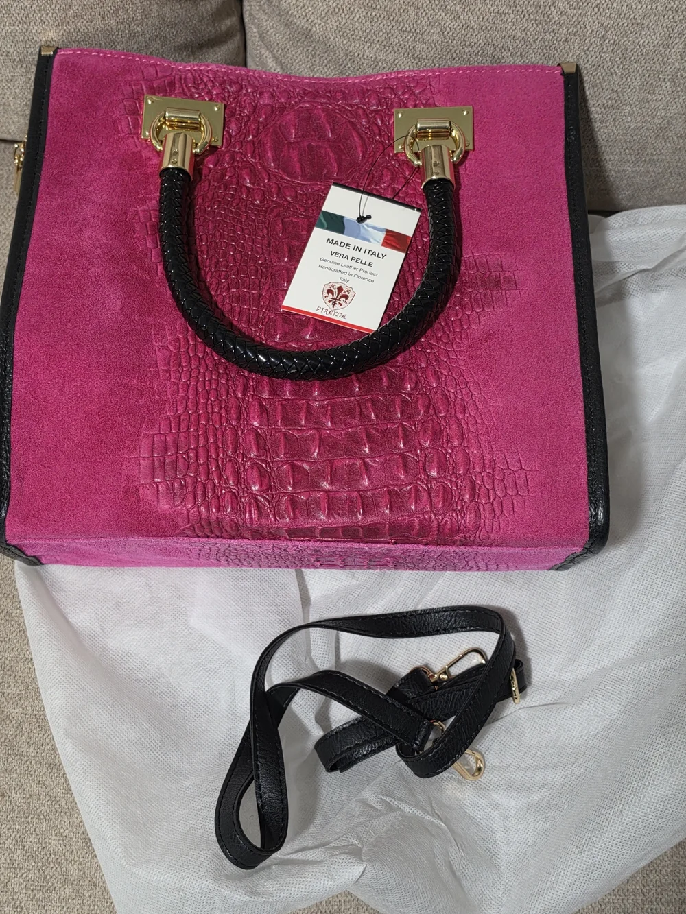 Vera Pelle Hot Pink Suede & Croc-Embossed Satchel with Black Handles